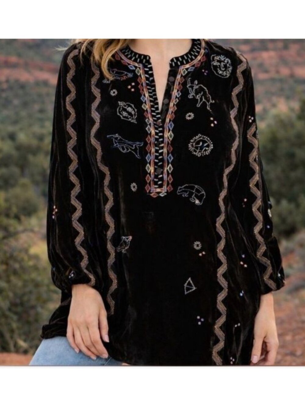 Johnny Was Biya Velvet Silk Zodiac Embroidered Top Size XXS Boho Chic Shirt NWT